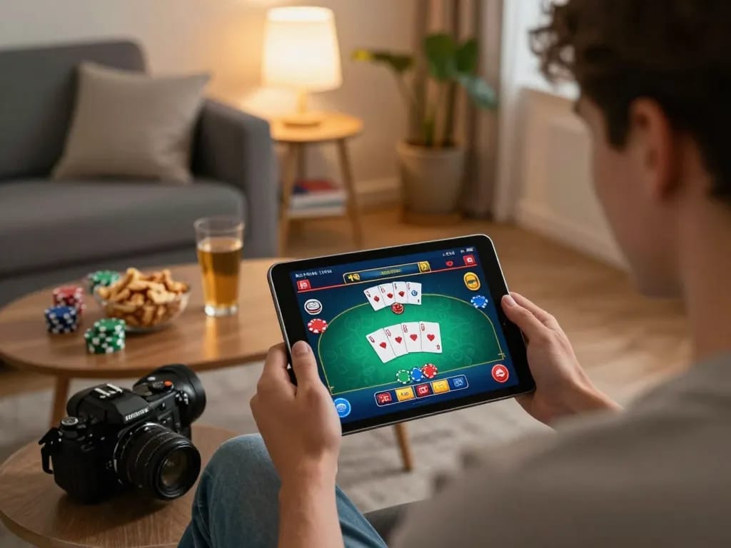 Engaging with online casino by สมัครสมาชิก bk8 on tablet, enjoying a cozy gaming session at home.