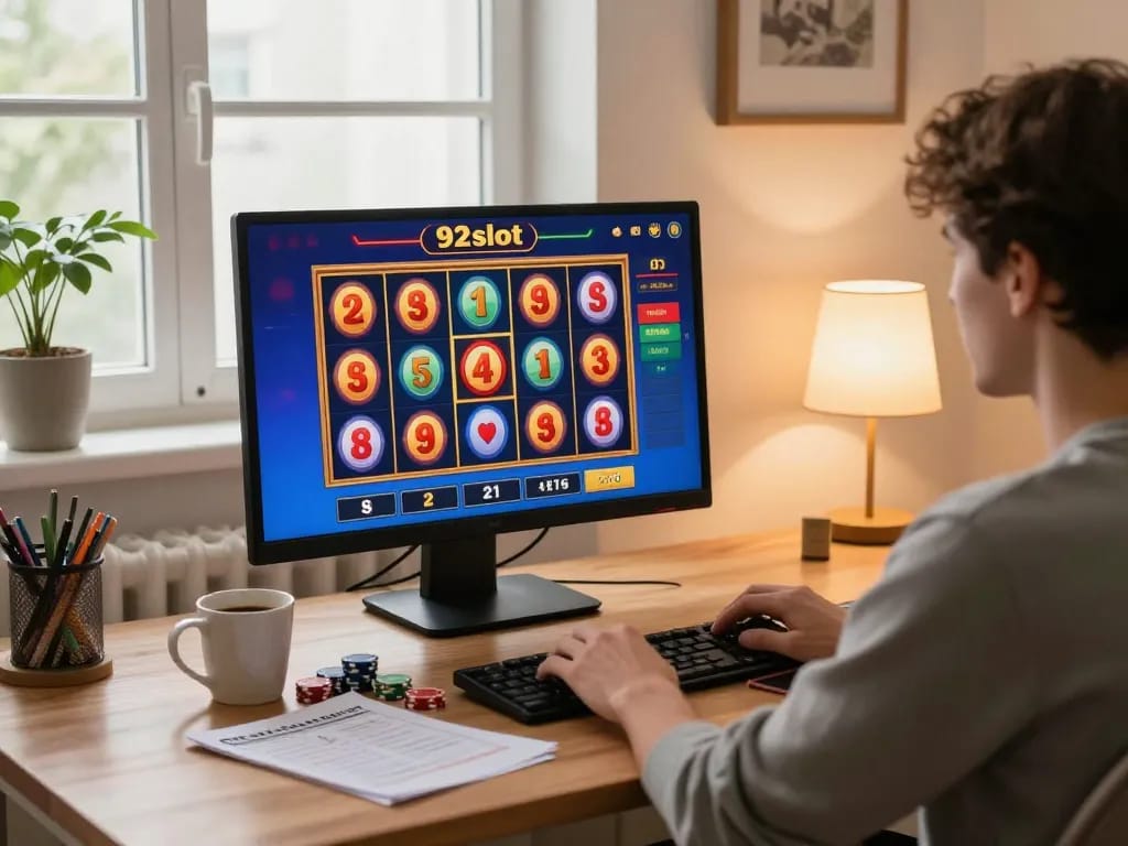 92slot user enjoying online gaming with colorful slot reels and cozy setup
