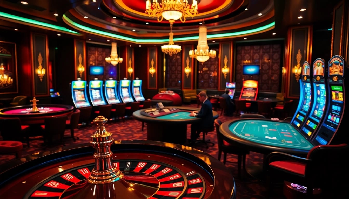 Scène excitante de gameplay de casino en ligne mettant en vedette des tables de poker, des jetons et de la roulette dans un cadre luxueux.