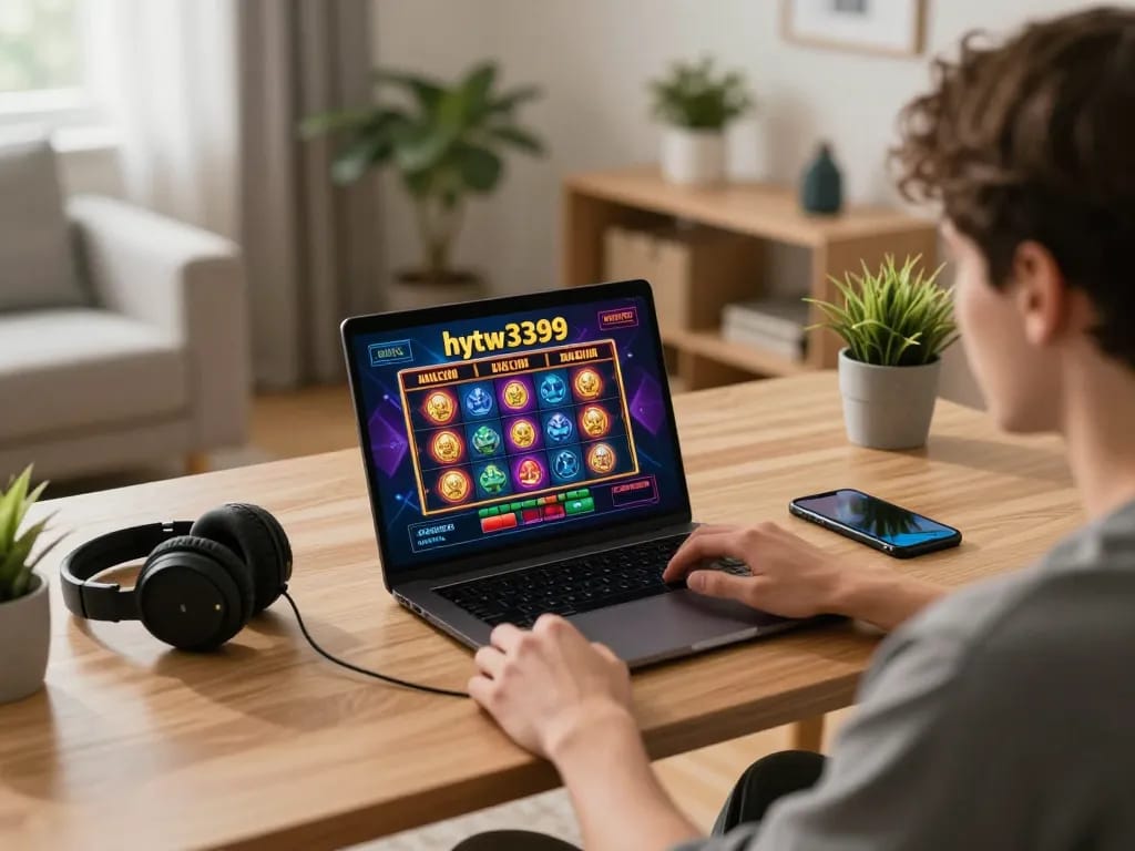 Player engaging with hytw3339a slot game on laptop in cozy home office environment.