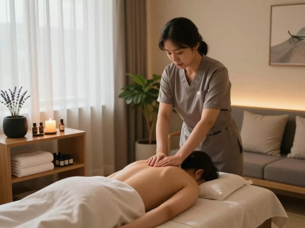 천안스웨디시 therapist providing a soothing massage in a serene spa environment.
