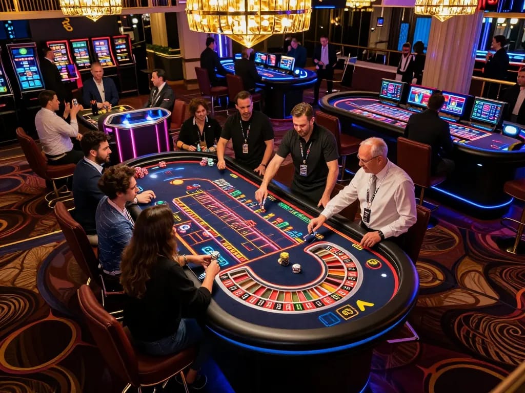 Situs 1k players engage at roulette table in vibrant casino atmosphere, capturing excitement and strategy.