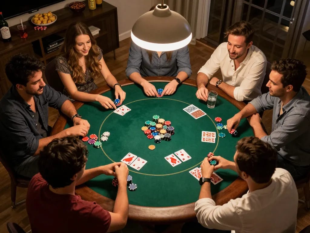 Bong88 poker enthusiasts gather for an exciting game night, showcasing chips and cards