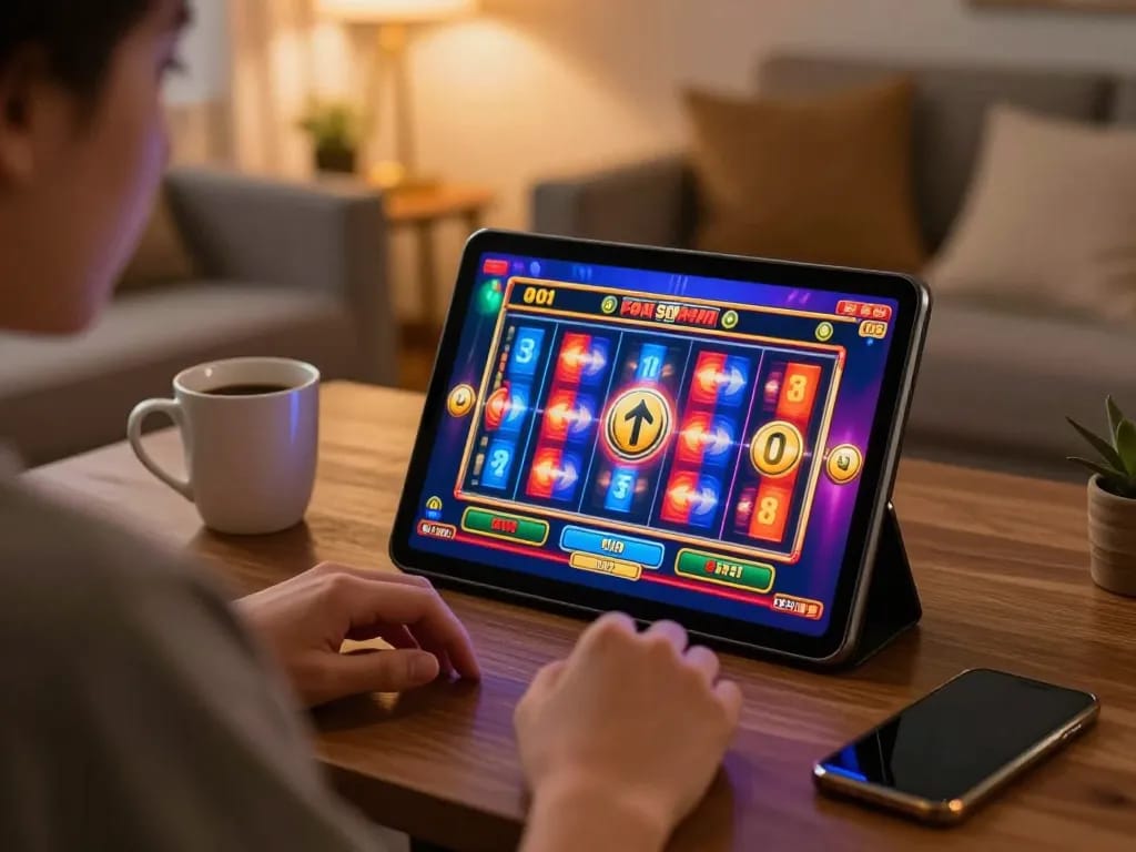 Player enjoying gajah toto slot game on a tablet in a cozy home setting, showcasing strategic online gambling.