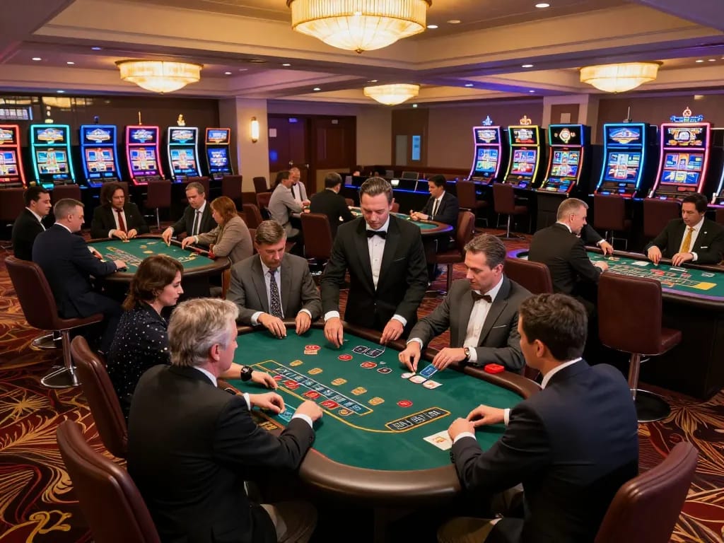 Engaged gamblers at bet88com blackjack tables enjoy exciting gameplay under elegant chandelier lighting.