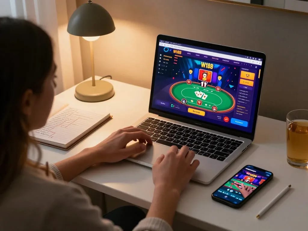 Engaging W188 online gambling setup showing a user playing poker on laptop, cozy home atmosphere