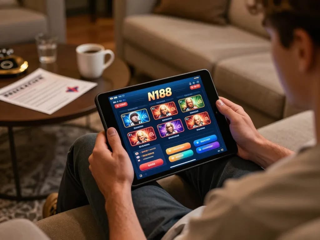 N188 online casino player enjoying strategic games on tablet from a cozy sofa, showcasing a vibrant home gaming atmosphere.