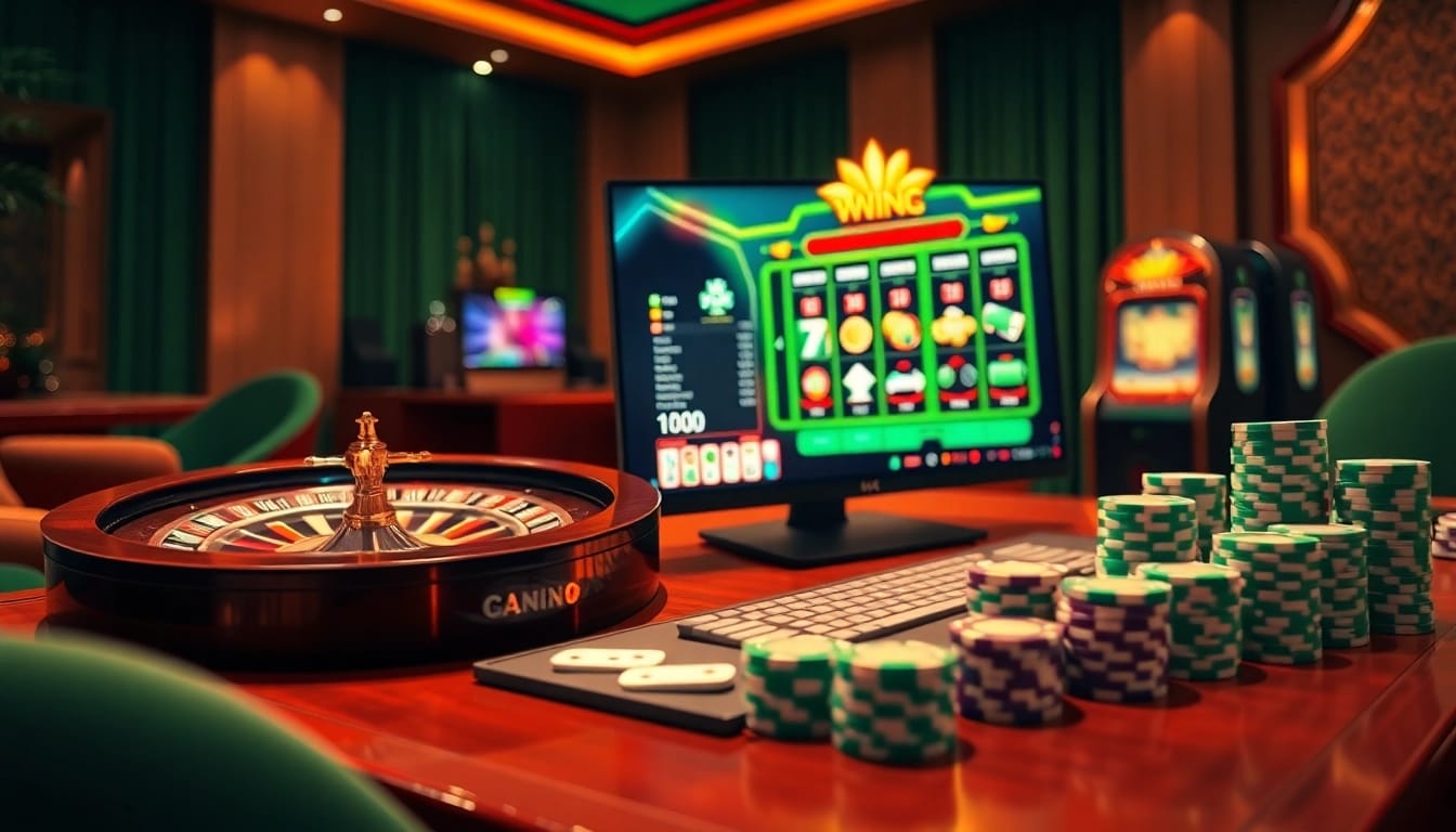 Participez à l'excitation du casino en ligne avec des jetons de poker vibrants, une roue de roulette et des interfaces de jeu colorées.