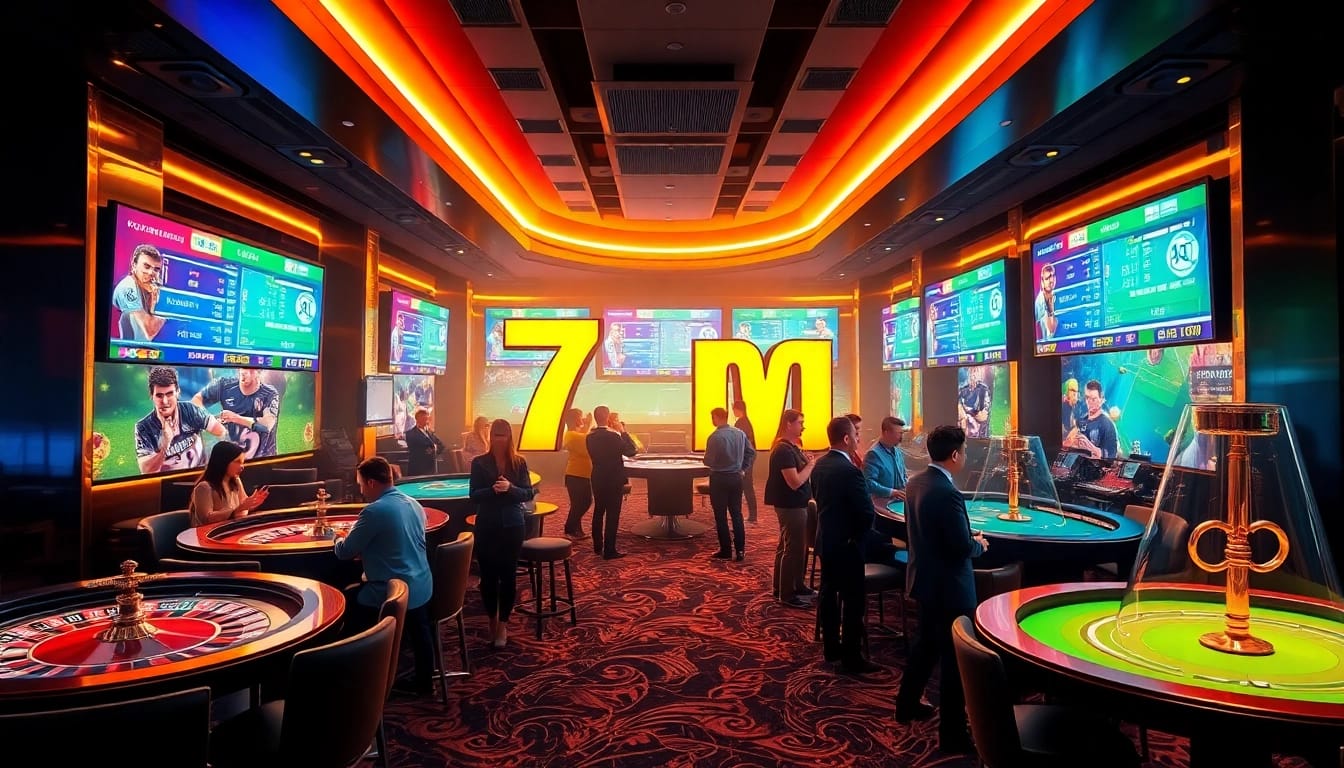 Exciting gamblers experience xem 7m bóng đá with live betting screens in a luxurious casino setting.