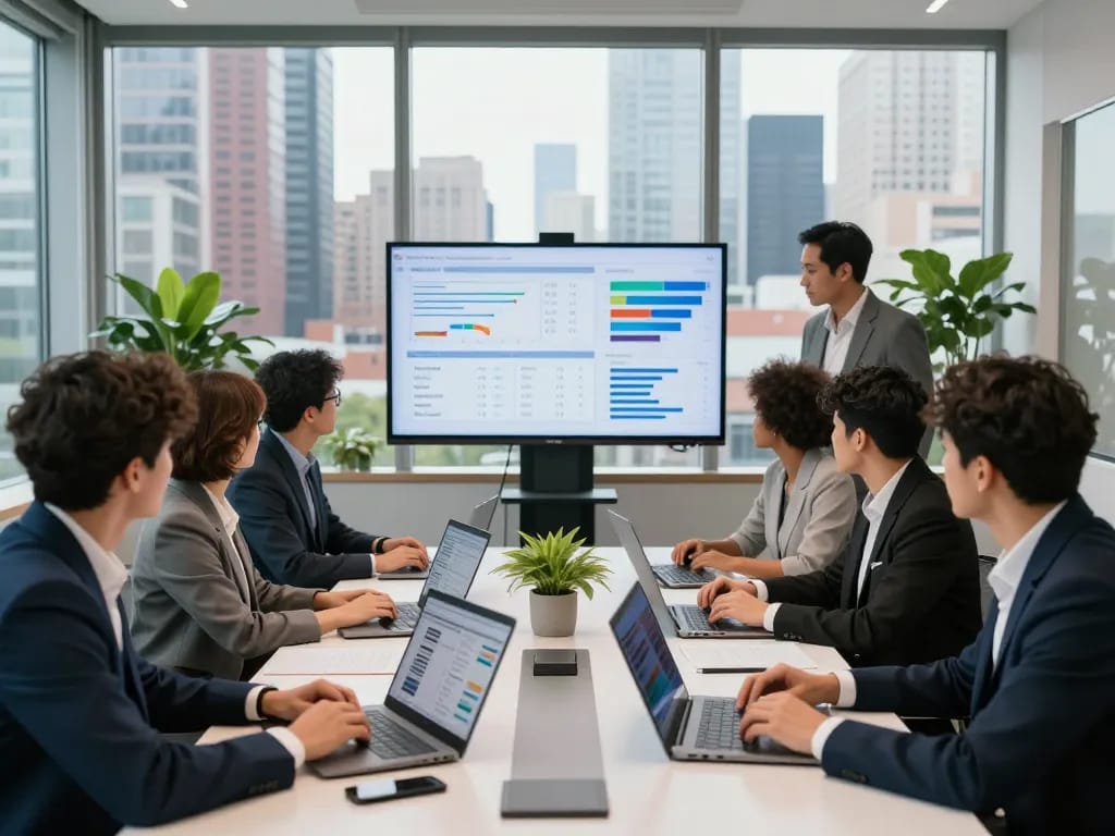 Dynamic collaboration scene showcasing New York SEO Services in a modern office.