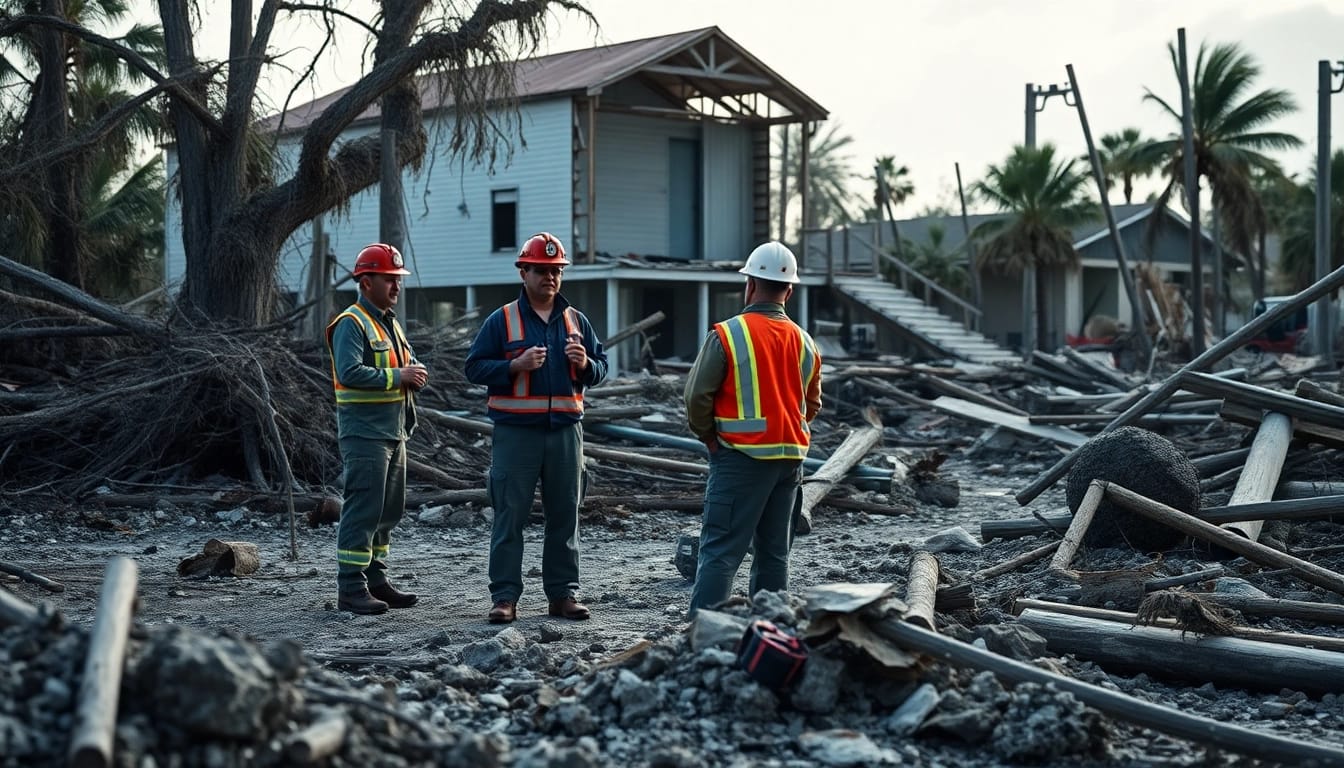 Assessing Florida Hurricane Damage with emergency responders in a devastated coastal area.