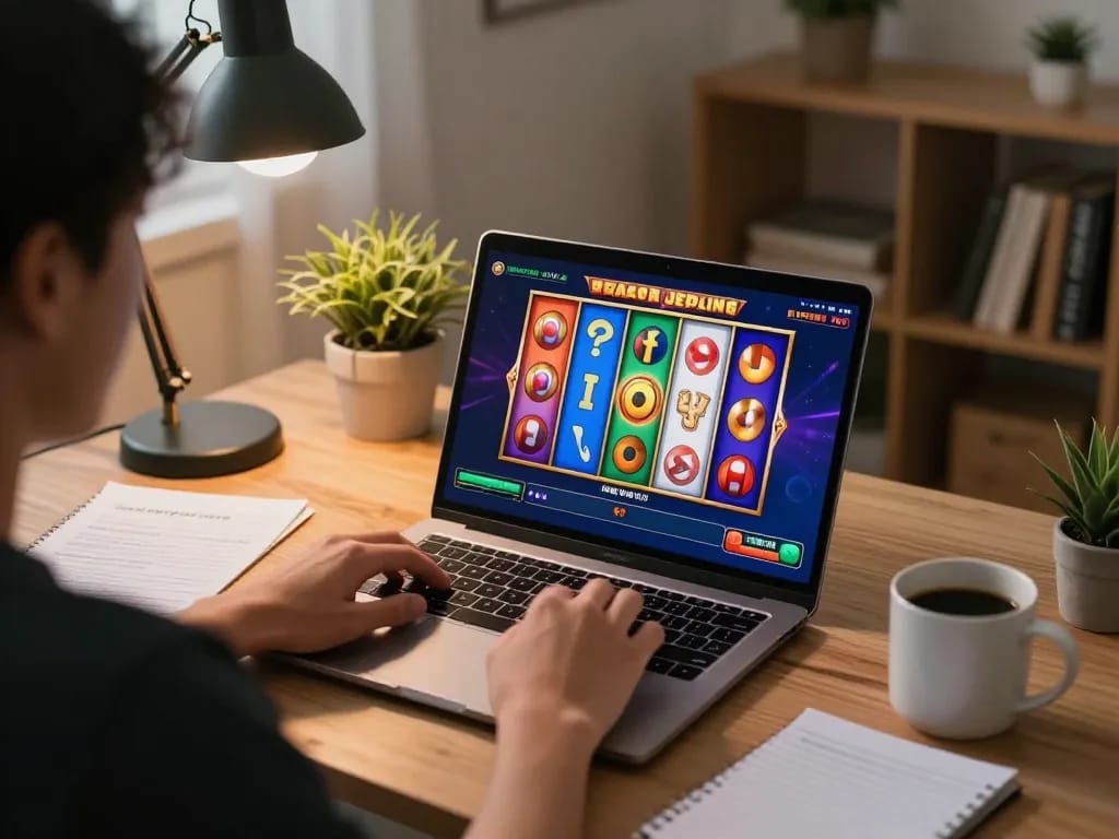 Engaging in a slot gacor jepang game on a laptop at home, showcasing strategic betting notes.