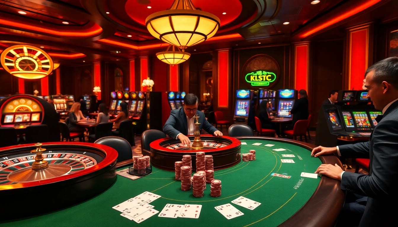 Exciting casino scene featuring poker, roulette, and vibrant elements of the KJC website.