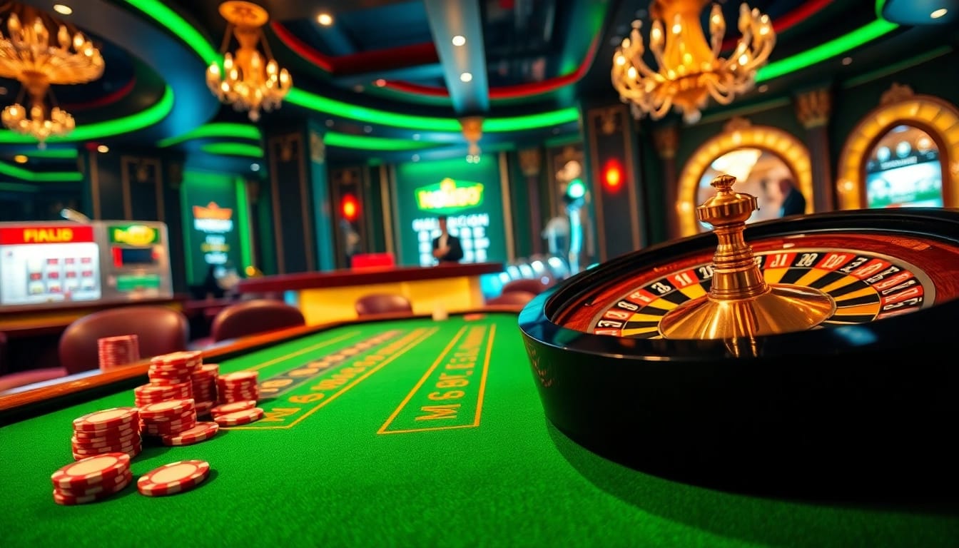 Nohu90 hosts an exciting casino atmosphere with a gaming table, roulette wheel, and vibrant poker chips.