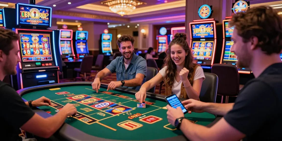 Group of players enjoying games at credit card casinos, highlighting lively gameplay and exciting interactions.
