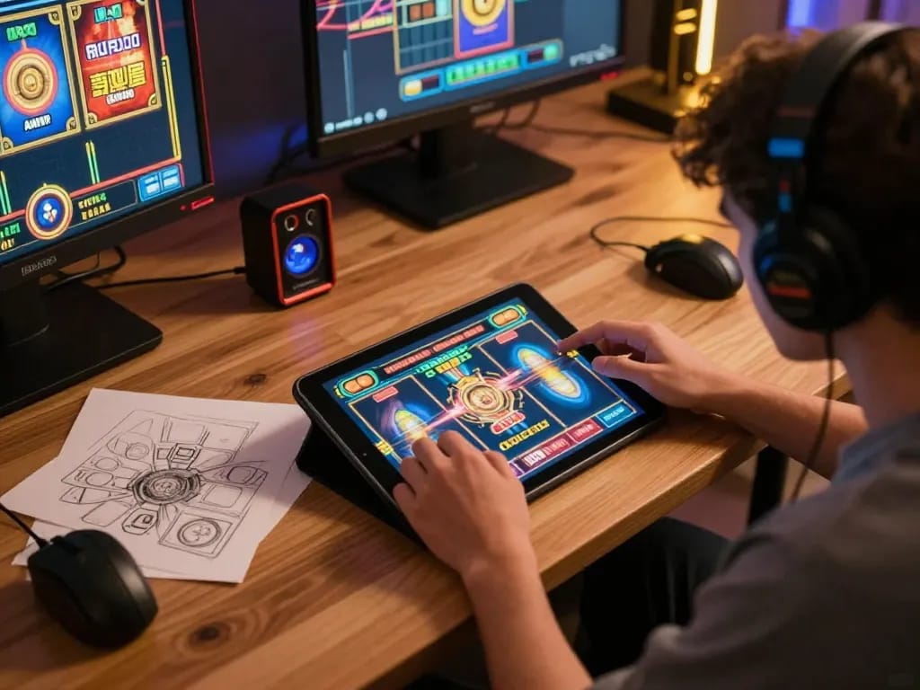 Engaging player using mobile device to spin slot thailand games in a cozy home setting