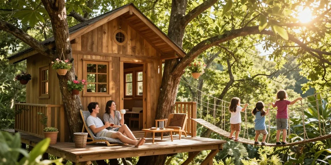 Family enjoying tree house life in a lush forest setting, capturing a vibrant outdoor living experience.
