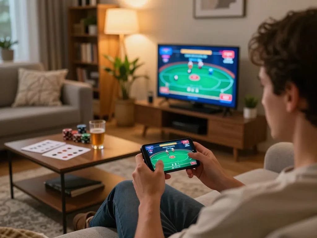 Engaging with w 88 casino on a smartphone in a cozy living room, showcasing online betting strategy