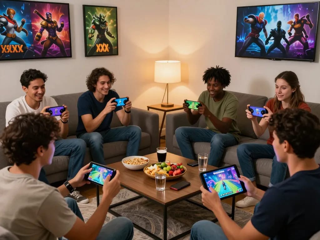 Excited players enjoying xxx games on mobile devices in a cozy living room.