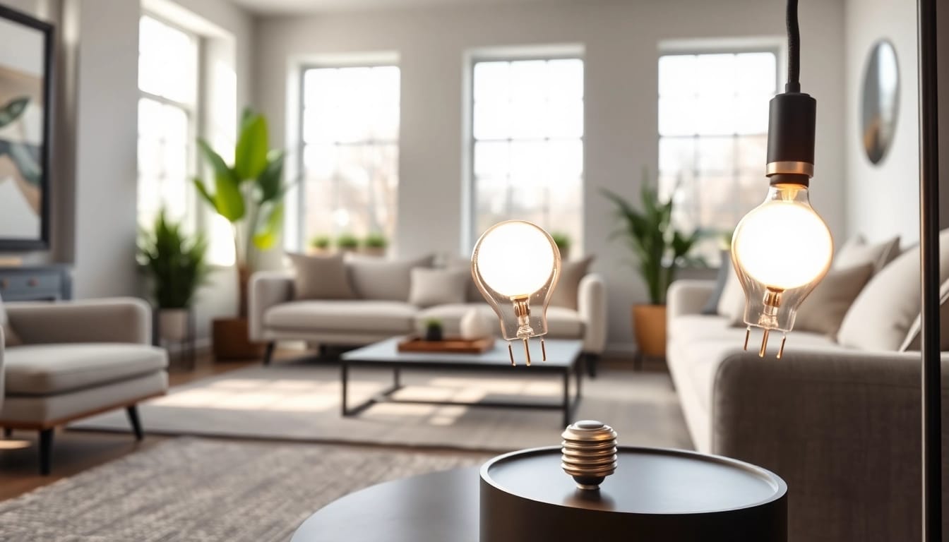 Showcase a19 bulbs glowing warmly in a modern living room environment.