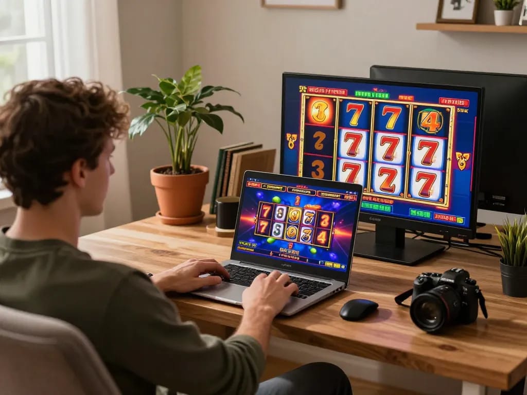 Engaging gameplay on slot777 machines in a cozy home office setting.