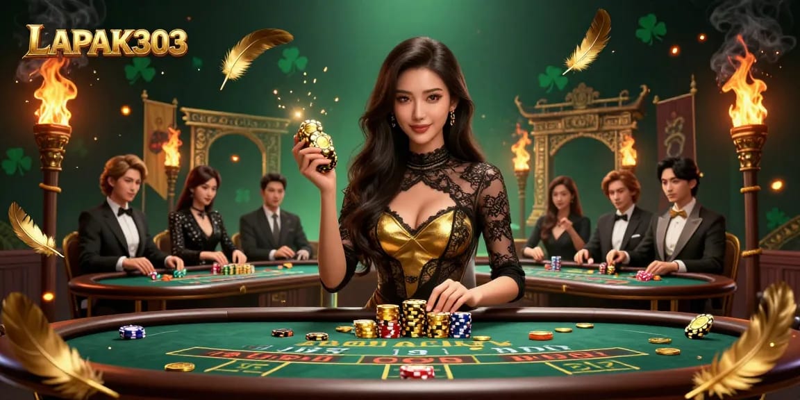 Engage with LAPAK303's exclusive baccarat experience, showcasing a confident player at a VIP table.
