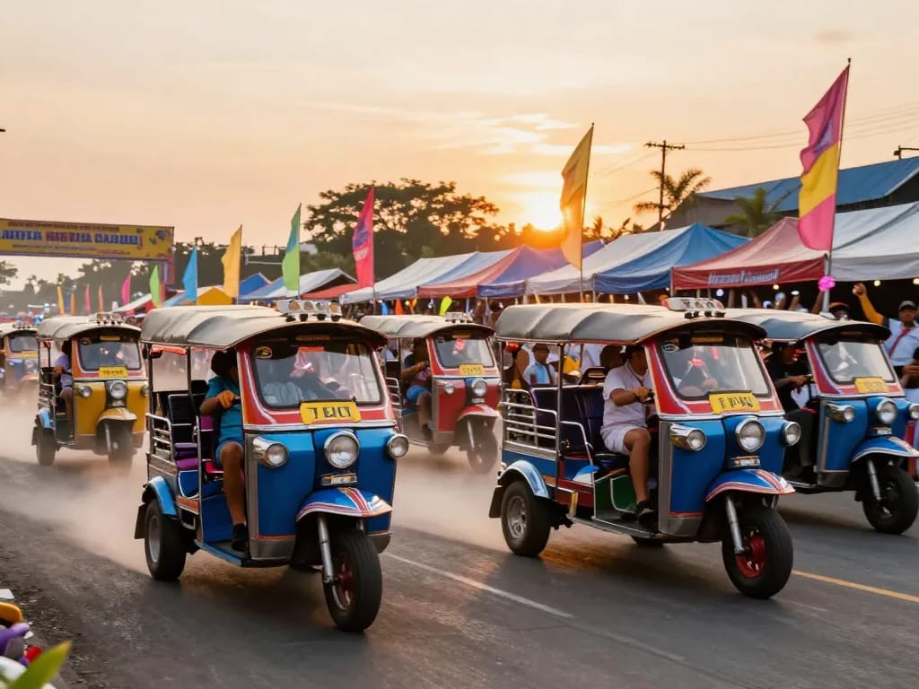 Tuk tuk race full episode featuring vibrant racers, colorful tuk-tuks, and cheering crowds at a festival.