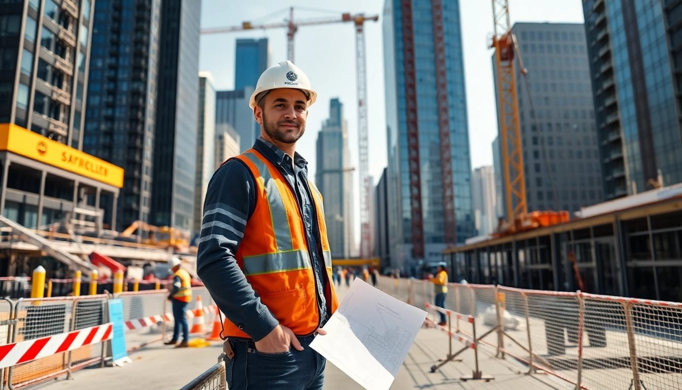 Manhattan Construction Manager coordinating activities on a lively construction site in NYC.