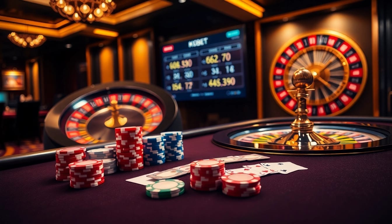 Experience the excitement of casino KBBET with vibrant poker chips and a digital gaming interface.