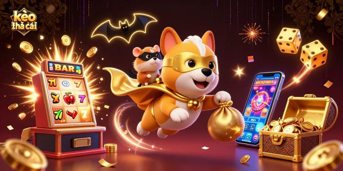 Engage in betting with kèo nhà cái, depicted by a superhero dog carrying a bag of gold coins.