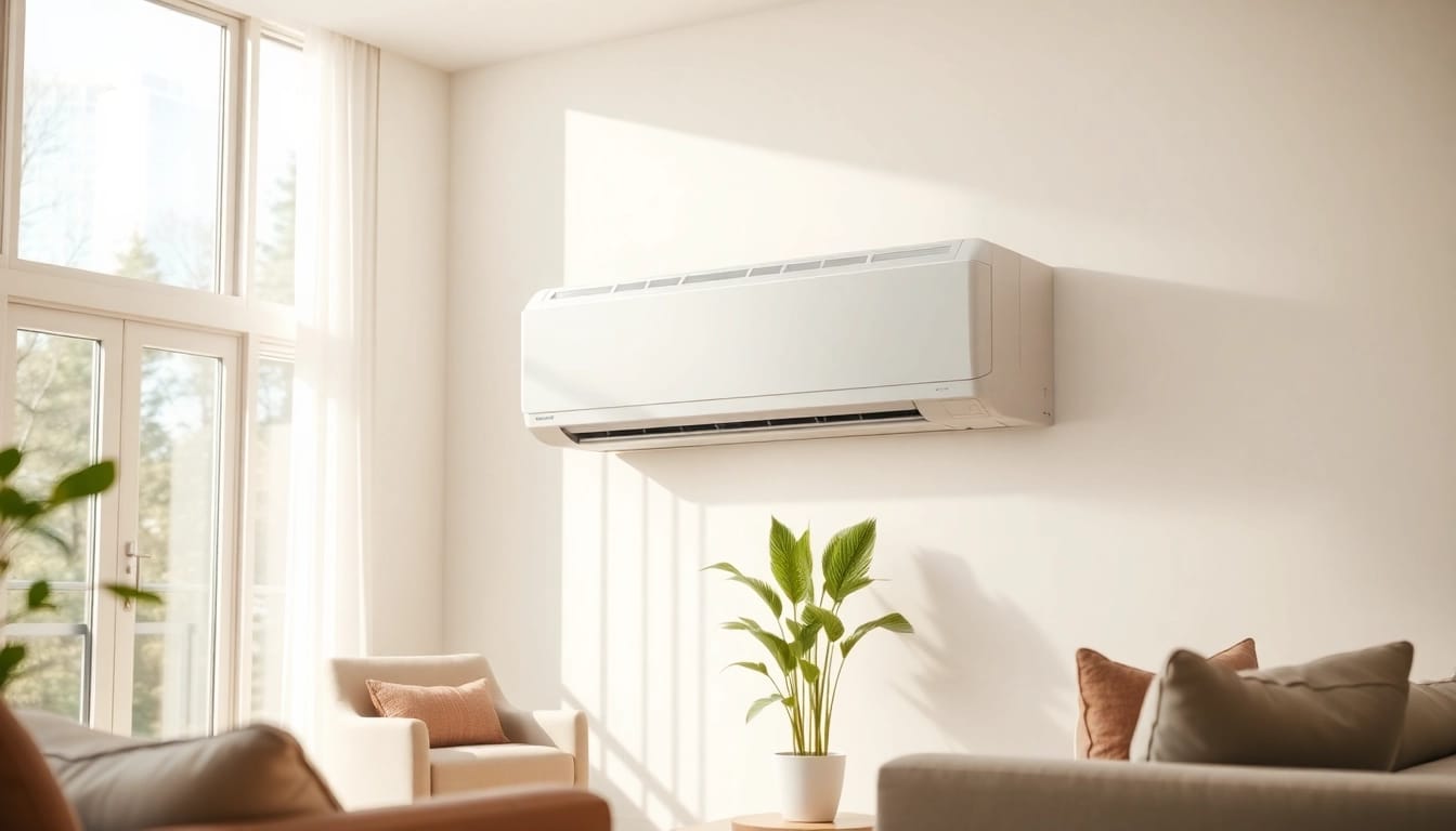 Install a Daikin mini split AC in a stylish living room with natural lighting.