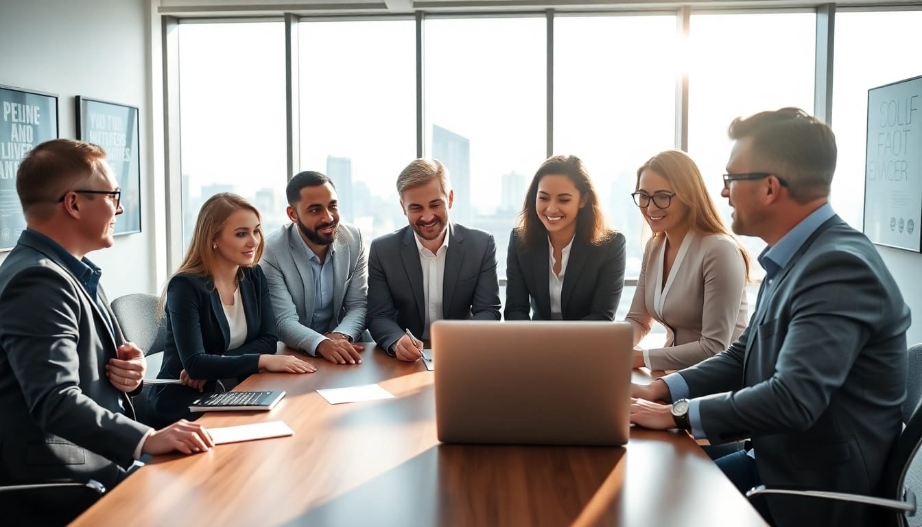 Sales professionals collaborating in a modern office environment at top platforms to hire sales professionals.