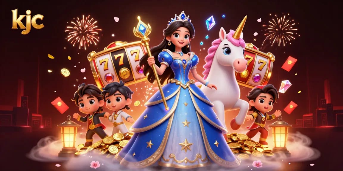 KJC delivers exciting jackpot wins with a stunning royal blue princess alongside a unicorn and vibrant gambling visuals.