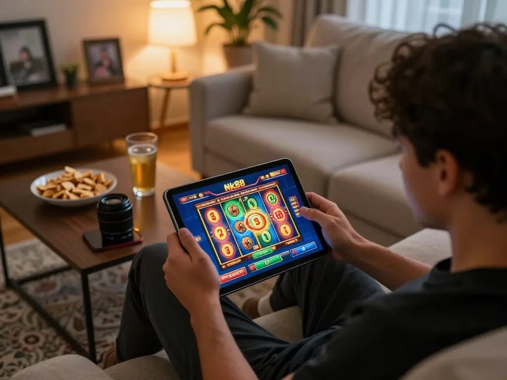 Engaging player enjoying an online slot game on Nk88 in a cozy home setting, highlighting dynamic gaming atmosphere.