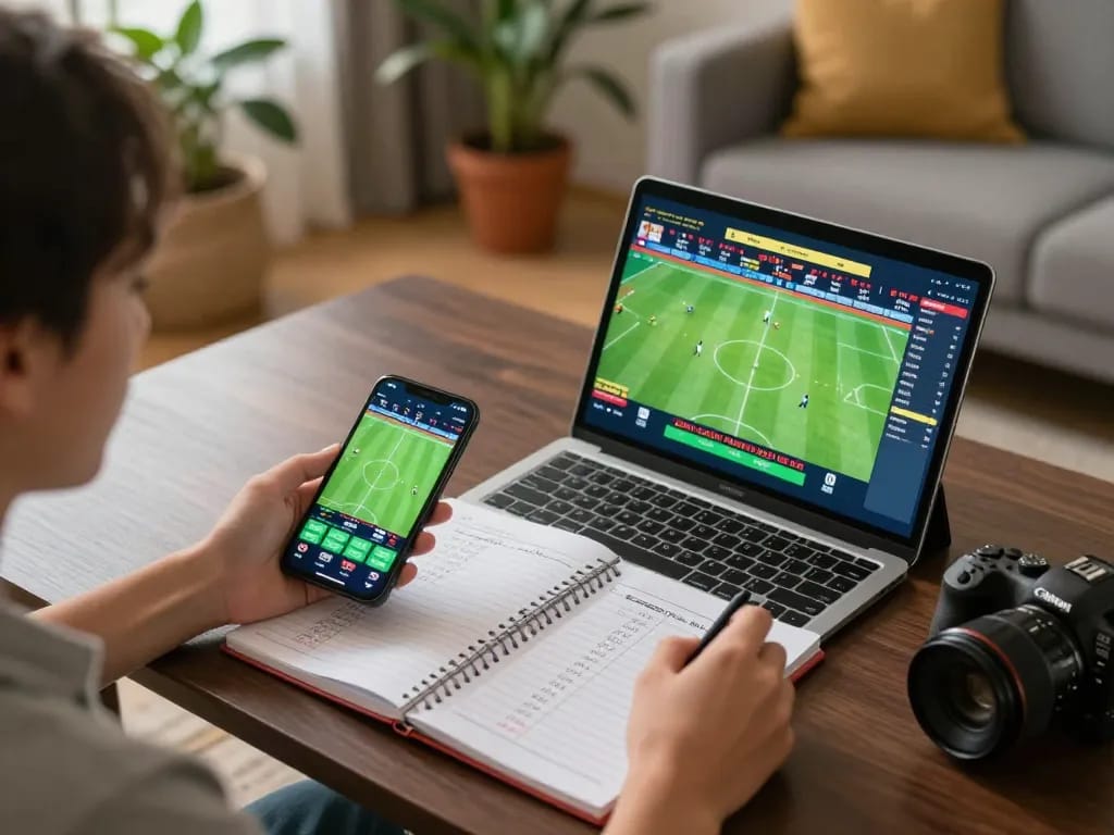 Nyalabet user analyzing betting odds on tablet at home, highlighting strategic online sports betting