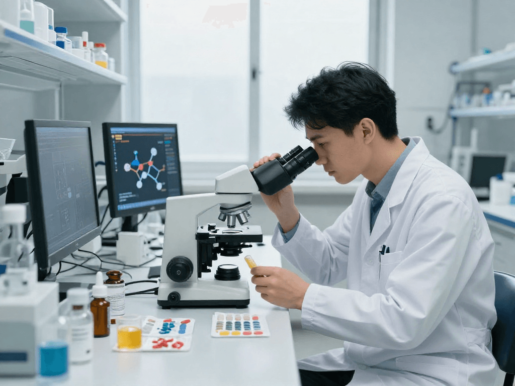 BPC 157 Side Effects examined through advanced buccal strip technology in a modern lab setting.