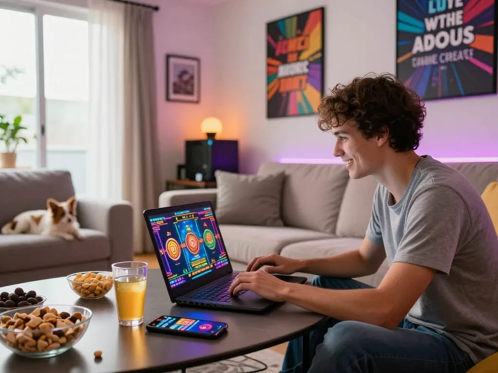Exciting gaming moment with popotogel on a laptop in a cozy living room.