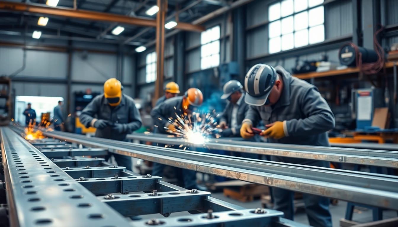 Showcasing custom steel fabrication with skilled metalworkers and intricate structures in a dynamic workshop.