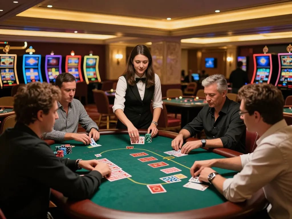 High-stakes blackjack action at luxury casino table with focused players, highlighting thabet strategy.
