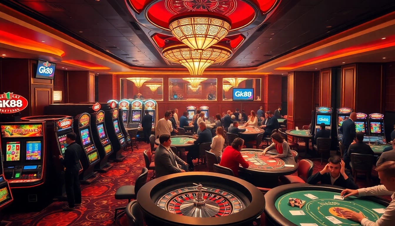 Exciting Gk88 casino scene with vibrant gaming tables, colorful slot machines, and enthusiastic players.