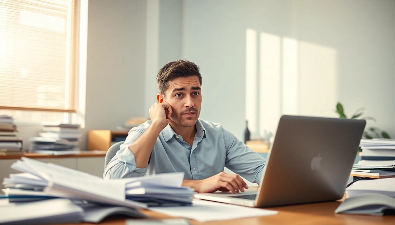 Illustrating brain fog, a person appears puzzled at their cluttered desk, highlighting confusion.