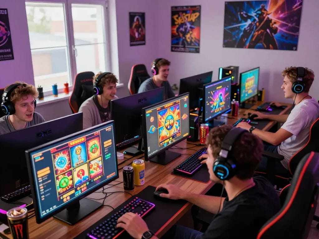 Exciting online gaming scene with diverse players focused on vegasslot77 games highlighted by vibrant visuals and cozy setups.