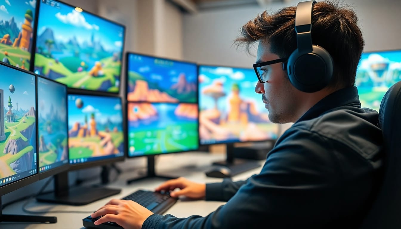 Designing video games using Freedom X AI tools in a vibrant virtual environment.