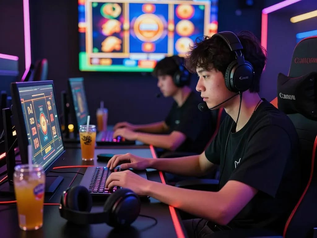 Engaging online gaming setup featuring vegasslot77.com with vibrant LED lights and slot graphics.