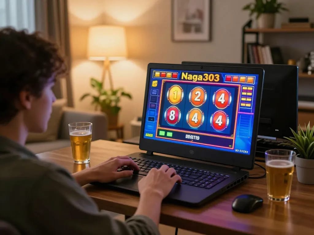 Naga303 player enjoying an online slot game on a cozy home setup.