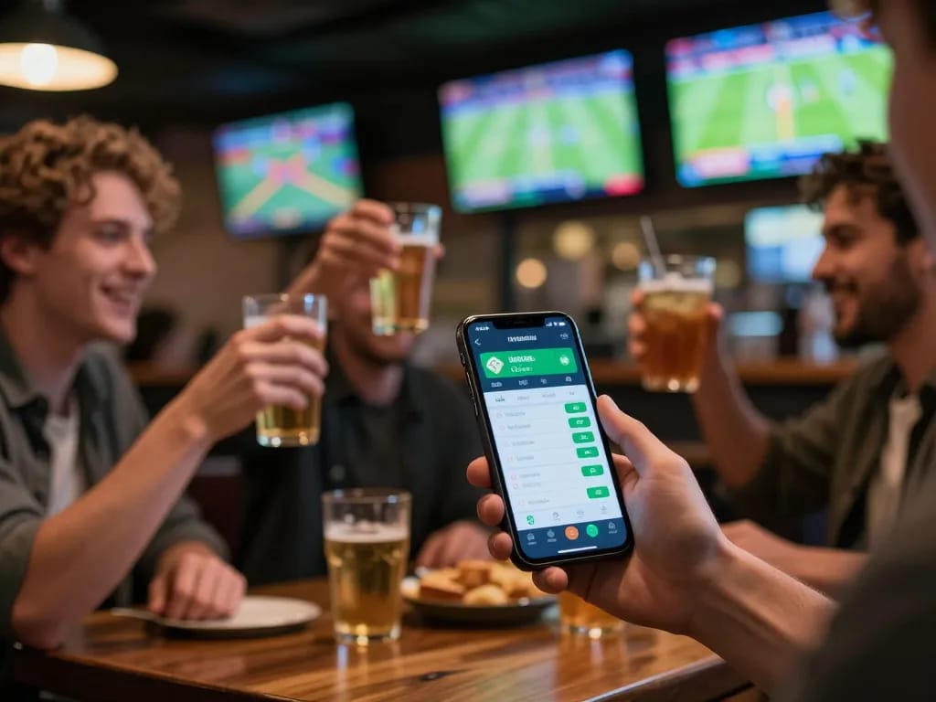 Sports betting with smartphone at https://keotructuyen.jpn.com/ in a lively sports bar