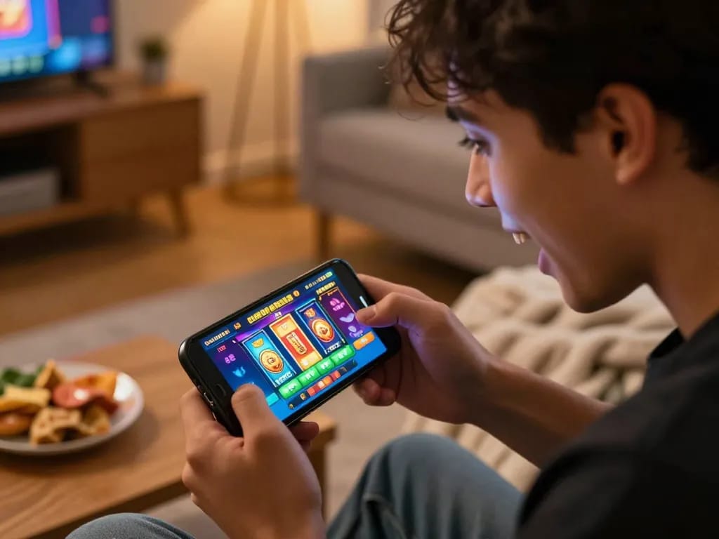 Engaged player enjoying a link slot game on a smartphone in a cozy home setting