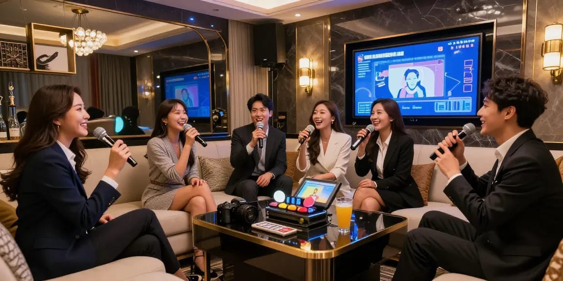 강남쩜오에서 즐거운 시간을 보내는 고객들의 모습과 고급스러운 룸의 세련된 분위기