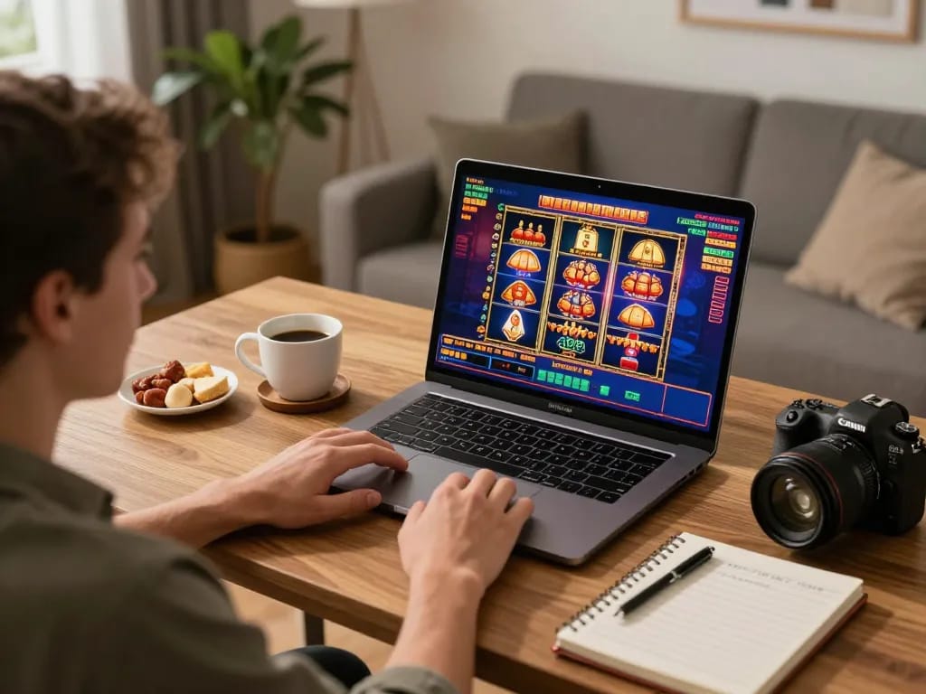 Enjoying a thrilling slot gaming session at home using a laptop and tracking strategies