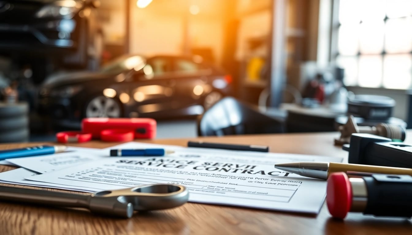 Detailing a vehicle service contract on a desk with automotive tools, showcasing professionalism.